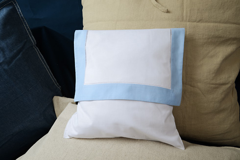 Hemstitch Baby Envelope Pillows. 12"x12". Baby Blue color border - Click Image to Close